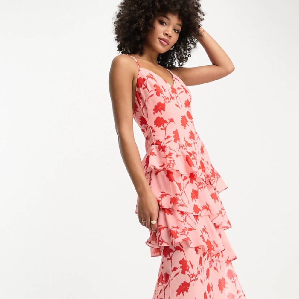 ASOS Pretty Lavish Ruffle Split Maxi Dress in Pink and Red Floral